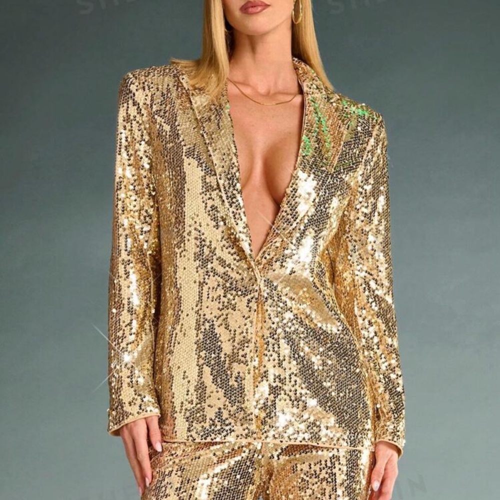 Women Gorgeous Elegant Dress Gold Sequin Attend A Party Metallic Holiday Blazer - Picture 4 of 4